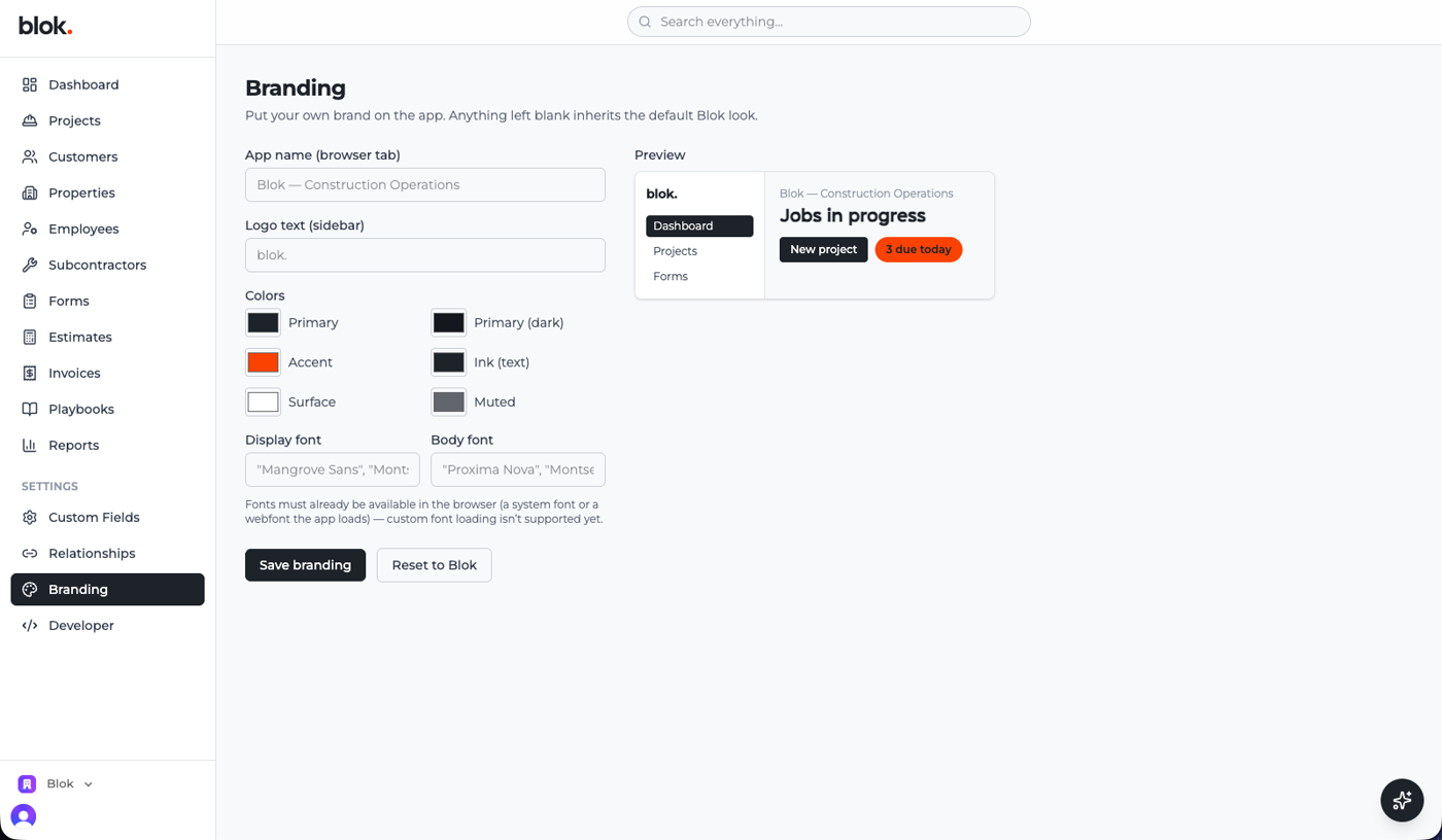 The Branding settings page with a live preview
