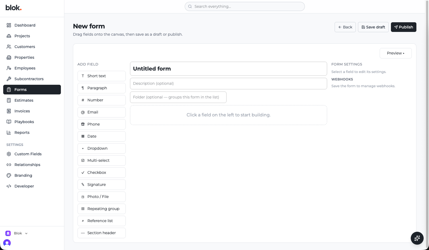 The Blok form builder: a field palette on the left, form canvas in the middle, settings on the right