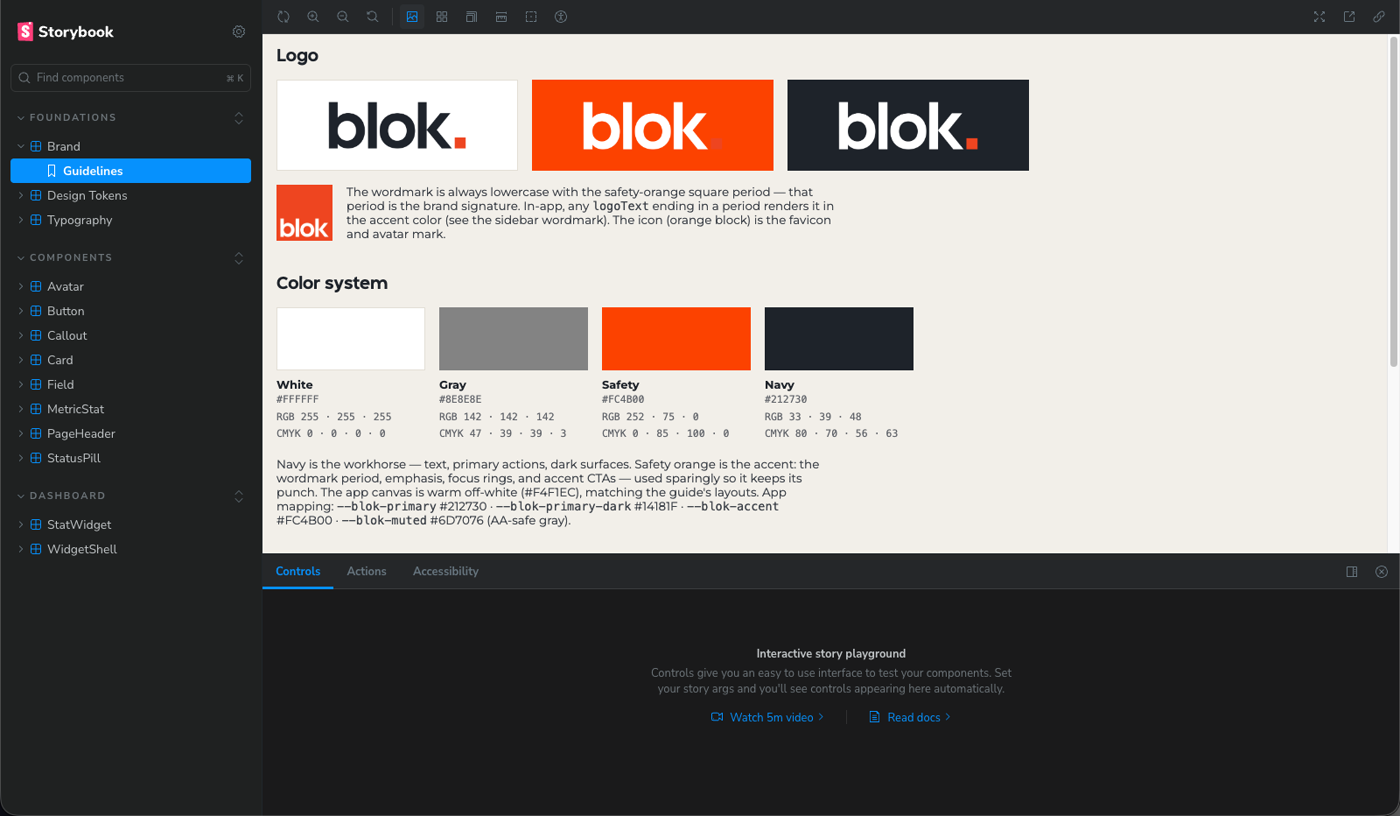 The Blok design system catalog: brand palette and status labels