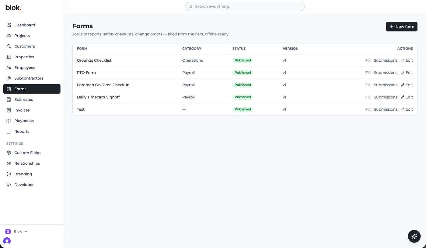 The forms list showing a published form with fill, submissions, and edit actions
