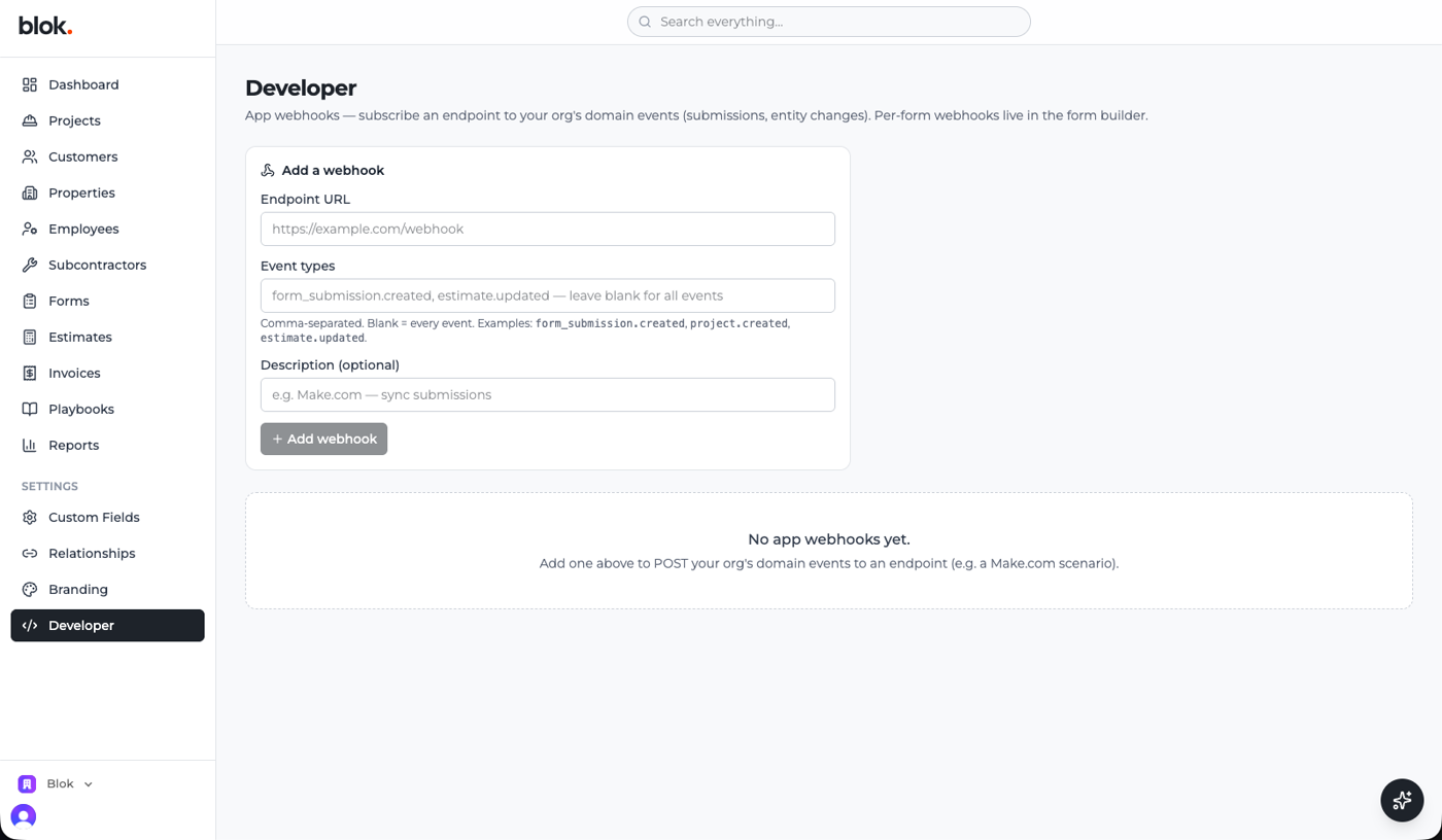 The Developer settings page where outbound webhooks are configured