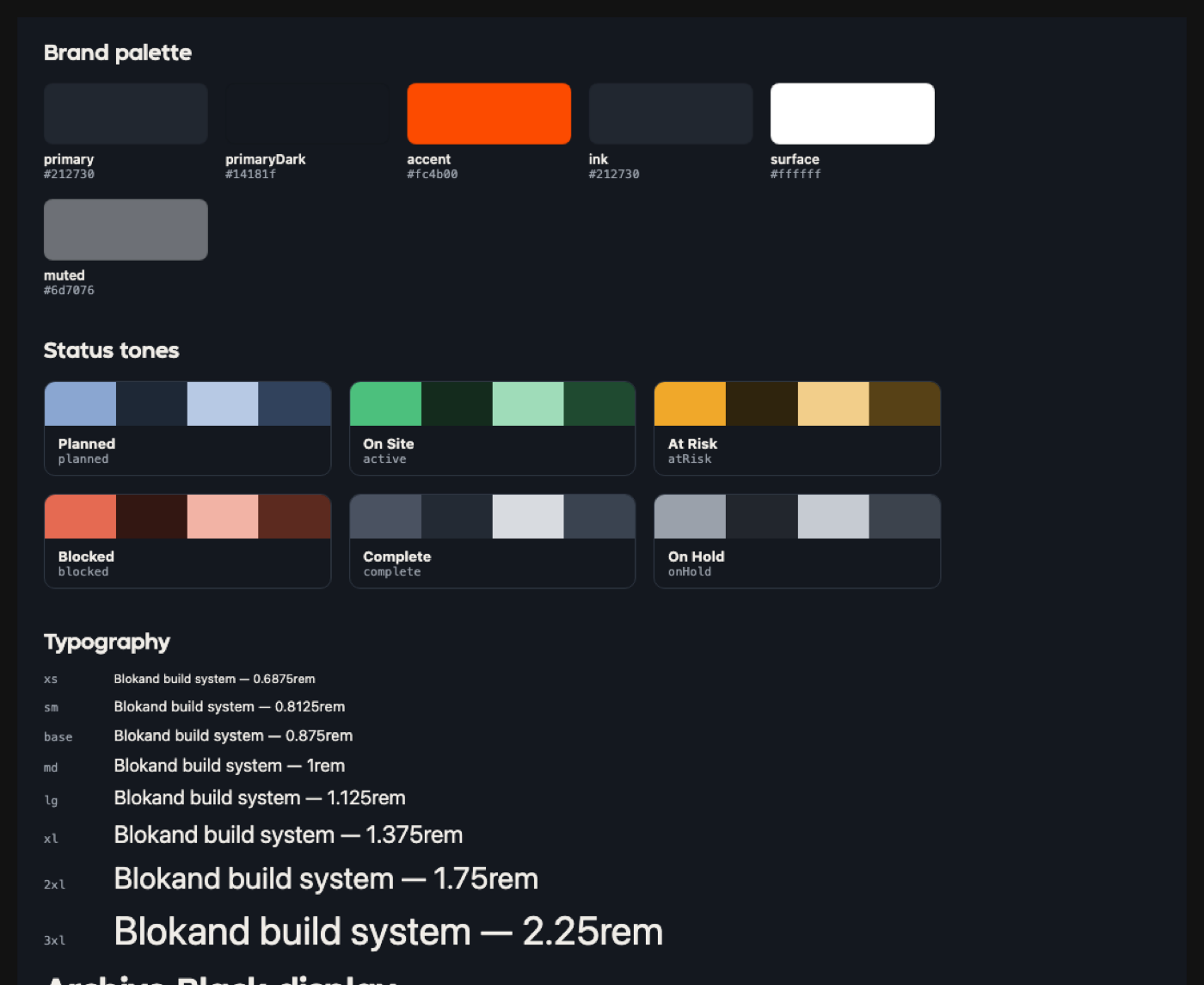 The Blok design system catalog — colors and status labels, light and dark