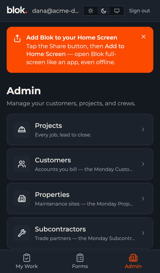 Blok on a phone — an admin area with large buttons and a bottom tab bar