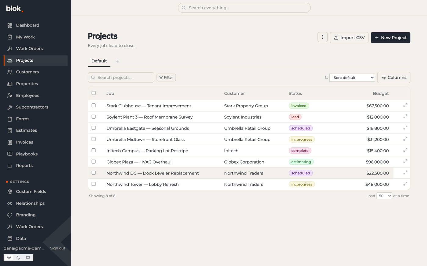 The Blok projects list — a table with customers, color-coded statuses, and budgets