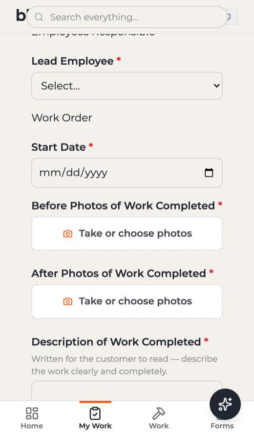 A Blok form with before and after photo fields, each a large capture button